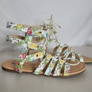 JustFab Myra Summer Floral Faux Leather Gladiator Lace-Up Sandals - Size 7.5